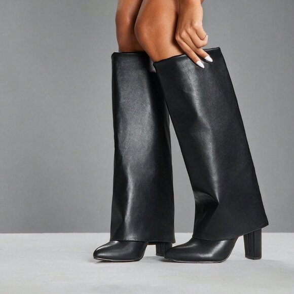 Black Women's Thick High Heel Pointed Toe Knee High Boots - Picture 1 of 8